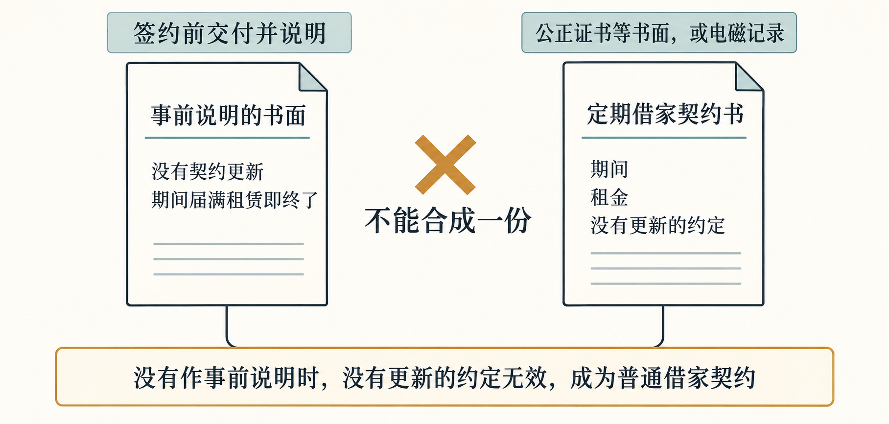 左侧事前说明的书面，签约前交付并说明，写明没有契约更新、期间届满租赁即终了。右侧定期借家契约书，以公正证书等书面或电磁记录订立，记载期间、租金和不更新的约定。两份不能合成一份；没有作事前说明时，不更新的约定无效，成为普通借家契约。