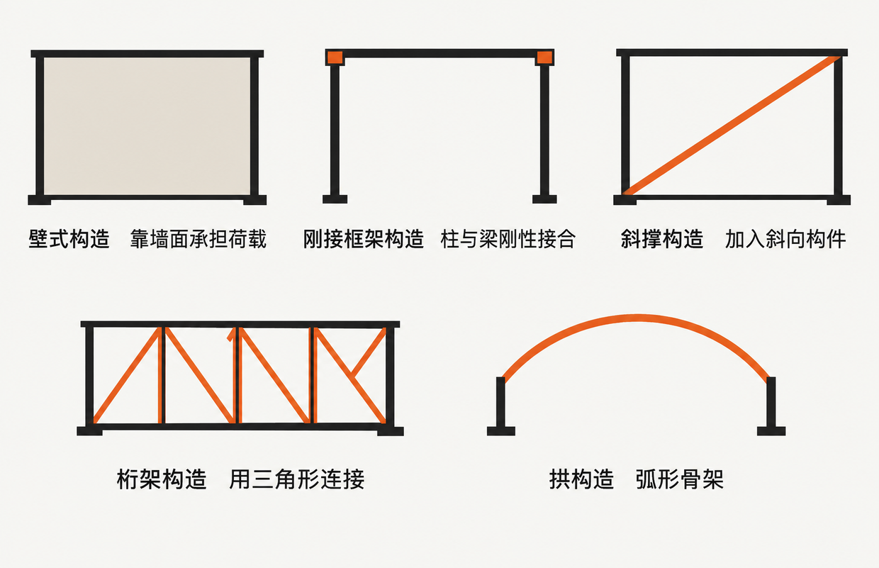 五种骨架形式并列示意。壁式构造靠墙面承担荷载;刚接框架构造的柱与梁刚性接合;斜撑构造加入斜向构件;桁架构造用三角形连接;拱构造使用弧形骨架。